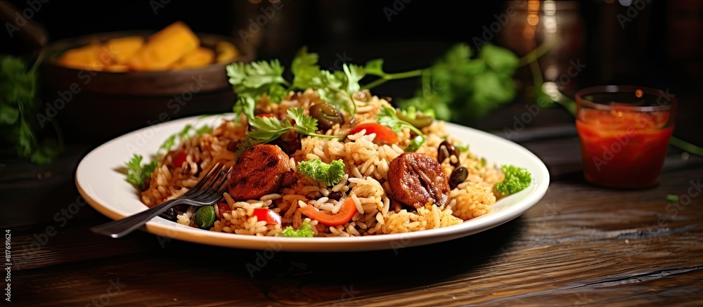 Poster a healthy fresh meal is displayed on the table with a copy space image of rice meat jambalaya and a 