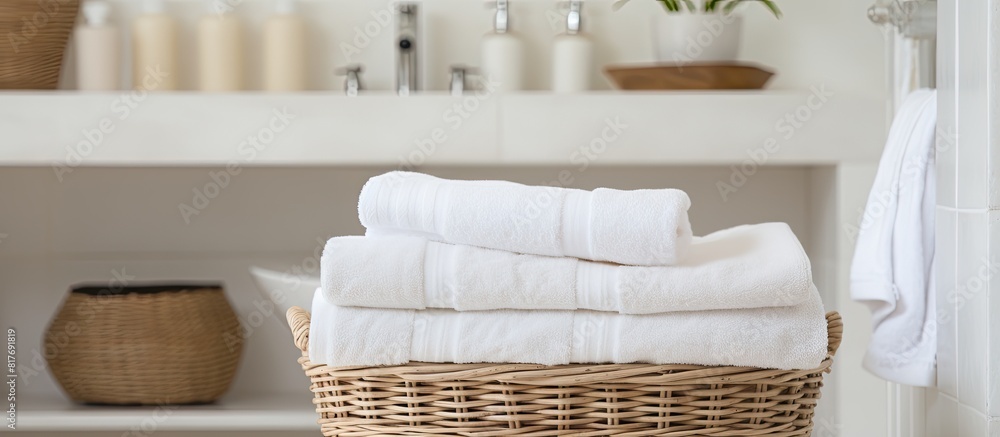 Aufkleber Blurred bathroom background provides a copy space image for product display montage featuring towels neatly arranged on a basket