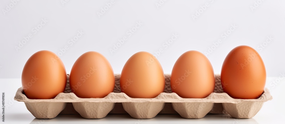 Poster close up of brown chicken eggs in an egg carton on a light background providing copy space for text 