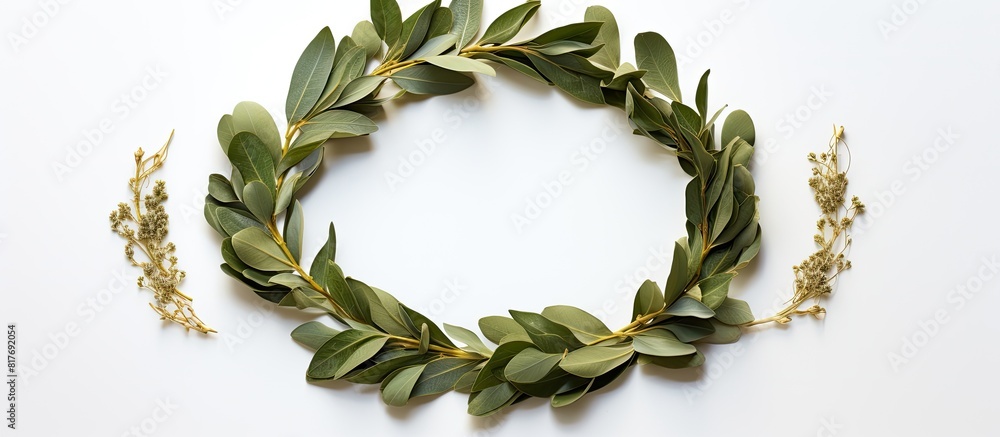 Poster dried laurel leaf seasoning showcased in a copy space image an isolated wreath made of laurel leaves