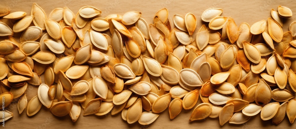 Poster a copy space image of pumpkin seeds neatly arranged over handmade textured paper