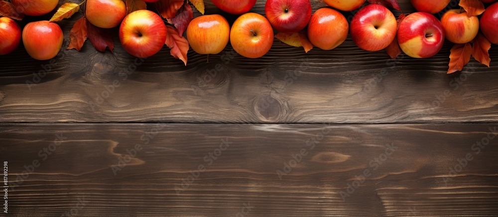 Poster a top view shows a rustic wooden table adorned with ripe red apples and raw orange pumpkins offering