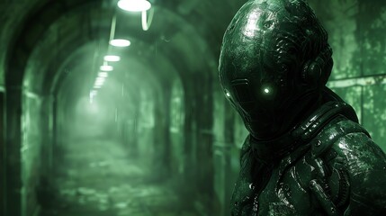 Capture the eerie beauty of a slimy extraterrestrial creature lurking in the shadows of a dimly lit spaceship corridor