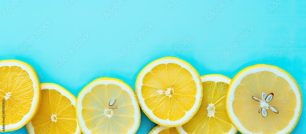Poster A flat lay of half sliced lemons placed on both the top and bottom of a cyan background creates a vibrant summer copy space image