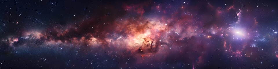 Naklejka premium Panoramic astrophotography of visible Milky Way galaxy. Stars, nebula and stardust at night sky