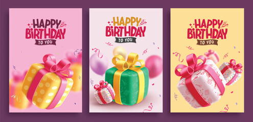 Happy birthday greeting vector poster set design. Birthday gift boxes, balloons and confetti elements for invitation card lay out collection template. Vector illustration birthday greeting design. 
