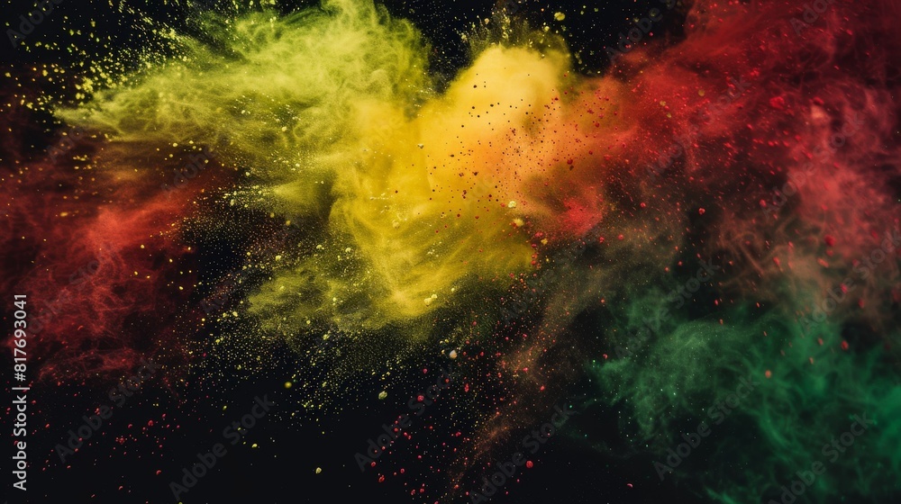 Poster an array of vibrant powder bursts in a dynamic explosion of color against a stark black background