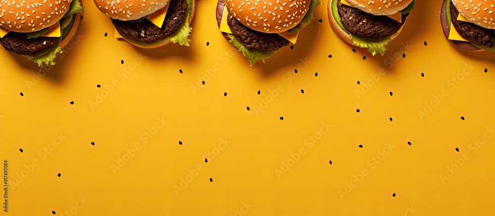 Poster A top view of burgers on a yellow background with plenty of copy space available for additional images or text