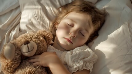 Peaceful Child Asleep with Teddy Bear, Soft Light. Serene Sleep, Innocent Childhood, Quiet Moment Captured in Bedroom. A Tender Scene of Rest. AI