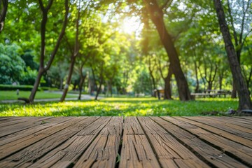 Blurred nature park background with summer trees displayed on wood floor