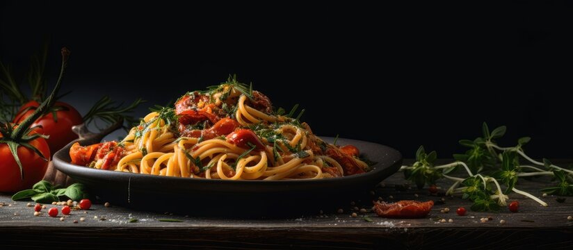 Italian style spaghetti alla Nerano with a copy space image banner showcasing the delicious fried zucchini pasta