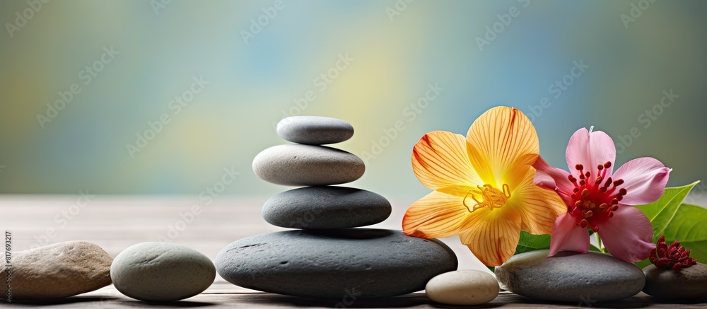 Aufkleber an elegant arrangement of spa stones and vibrant flowers set against a serene and illuminating backd