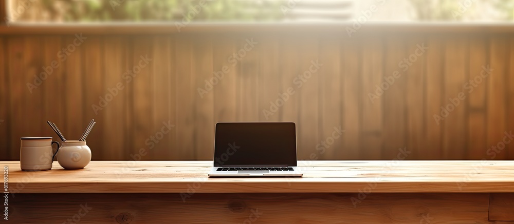 Poster indoors an empty wooden table showcases a sleek new laptop with ample copy space image