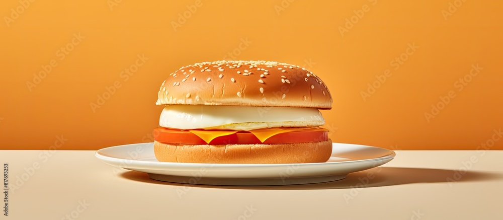 Poster Copy space image of a ceramic plate featuring a hamburger roll topped with an over hard fried egg set against a light background