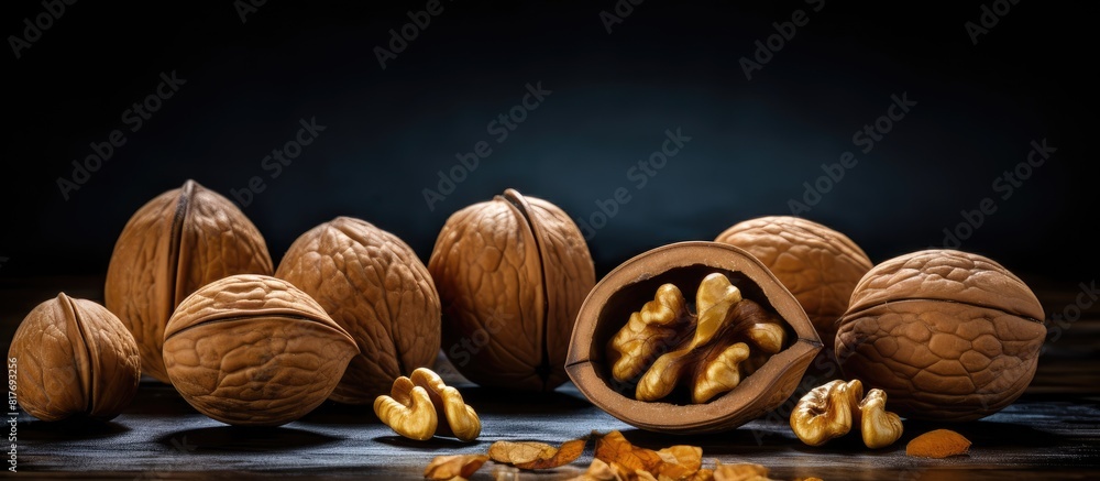 Poster a side view copy space image of walnuts in their shells resting on a black surface against a backgro