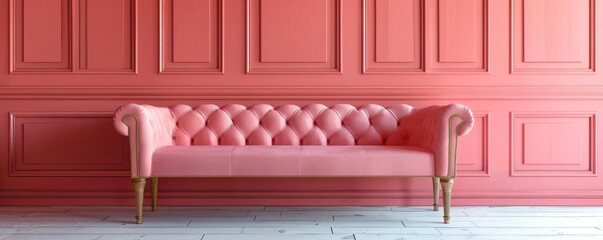 Tranquil living room scene with a plush pink bench and matching walls, exuding warmth and comfort