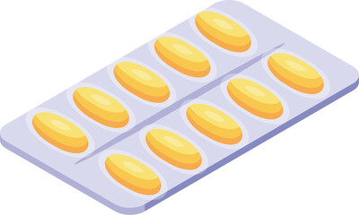 3d illustration of a blister pack with yellow tablets, isolated on white, in isometric view