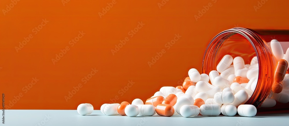 Poster an orange medical jar spills white pills creating a copy space image for text