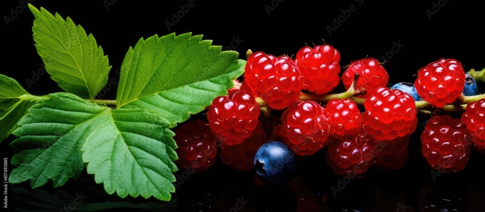 Poster Copy space image of raspberries and red currant with green leaves set on a black background complemented by red and blue berries