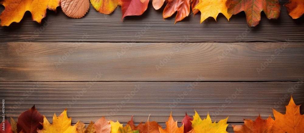 Aufkleber a copy space image of autumn leaves arranged in a frame on a wooden background
