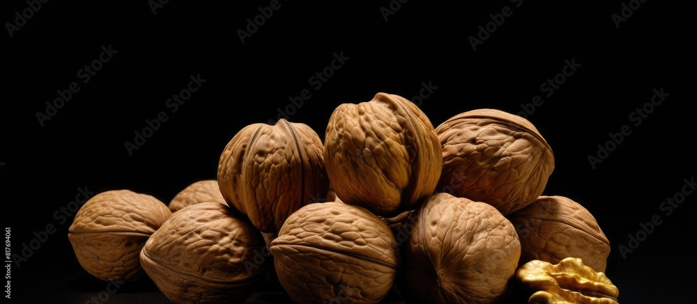 Poster a copy space image of walnuts against a black backdrop