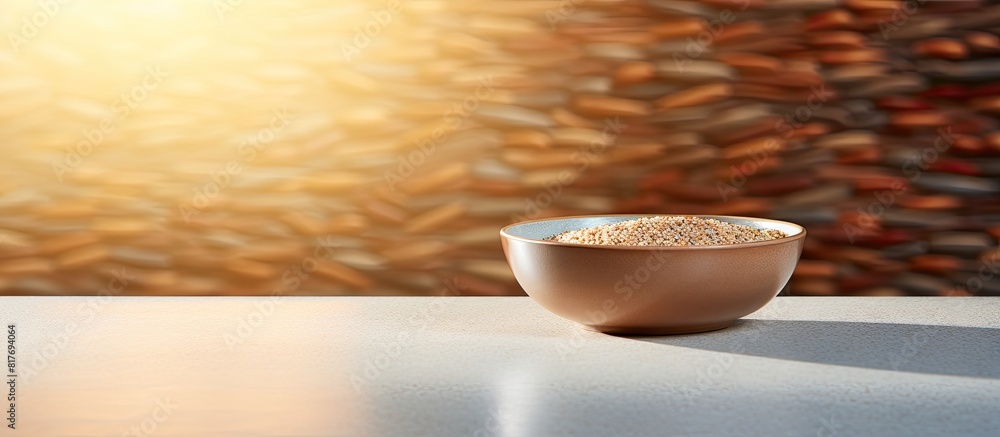 Poster A bowl filled with flaxseed is placed on a stylish terrazzo countertop creating a visually appealing image with space for additional text