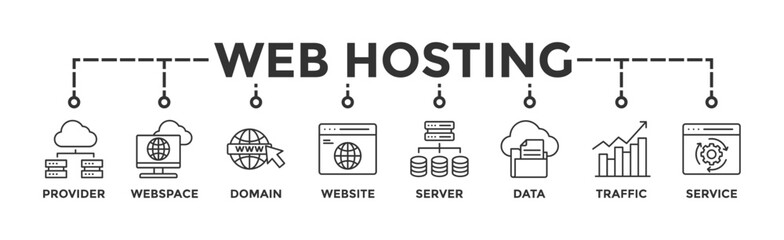 Web hosting banner web icon vector illustration concept with icon of provider, webspace, domain, website, server, data, traffic and service