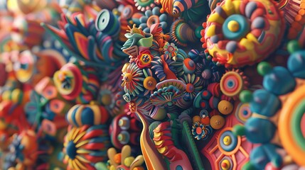 Naklejka premium A vibrant 3D render featuring a complex, colorful abstract art composition with intricate patterns