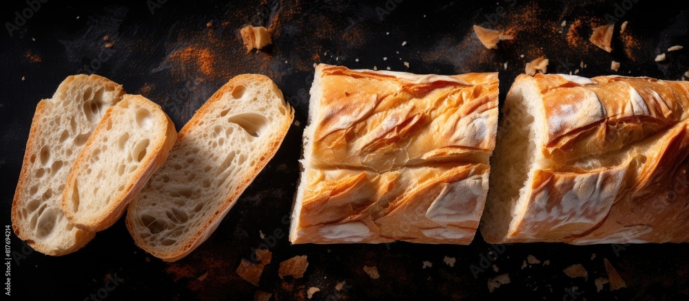 Poster Flat lay of a fragmented French bread loaf placed on a dark metal background with ample copy space image