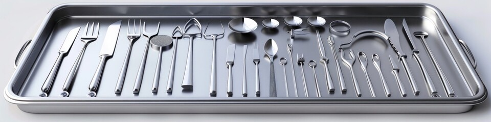 Detailed surgical tray with neatly arranged medical instruments on a white background