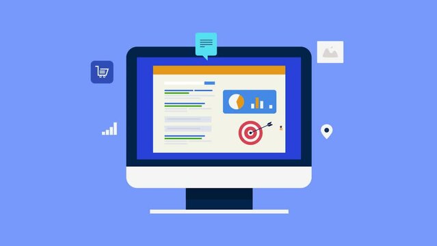 Digital marketing campaign re-targeting and SEO web analytics data, boost online sales performance conceptual video animation.