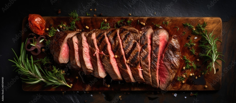 Poster a rare grilled flank steak sliced and presented on a black background showcasing the marbled beef to