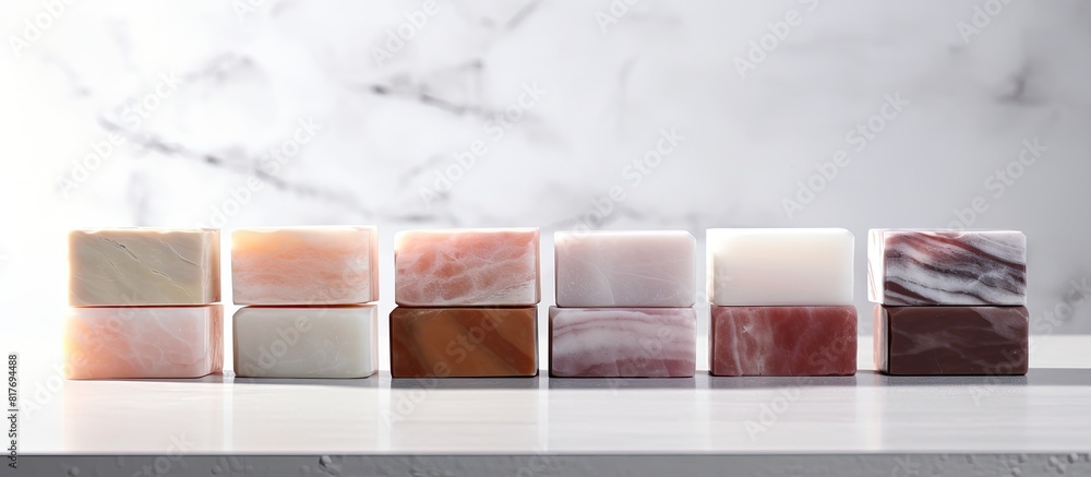 Poster Homemade soap blocks with a marble pattern placed on a white wooden surface providing ample copy space for images