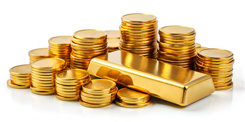 A lot of gold coins are stacked on top of each other in a treasure sack and a gold bar is placed next to it all on a white background