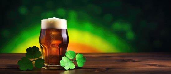 Green background with a pint of beer Irish whiskey and a wooden four leaf clover A rainbow adds to...