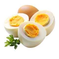Three eggs with different yolks and a green herb isolated on transparent background