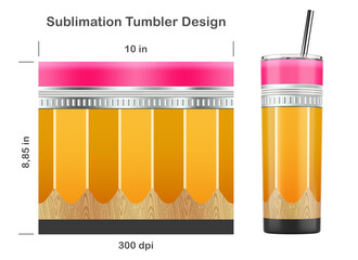 Teacher pencil sublimation design for 20 oz skinny tumbler. Back to school concept. Sublimation illustration. Seamless from edge to edge. Full tumbler wrap.