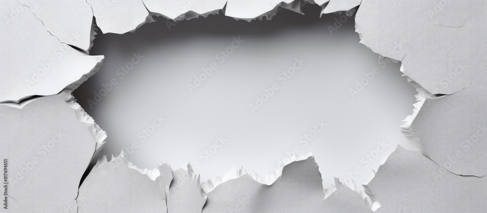Poster an abstract white paper with a torn hole and rip providing a copy space image for text and featuring