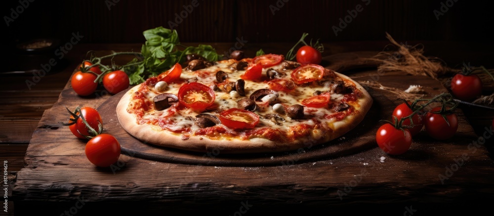 Poster A delicious pizza displayed on a rustic background with dark wooden tones providing ample copy space for additional elements in the image