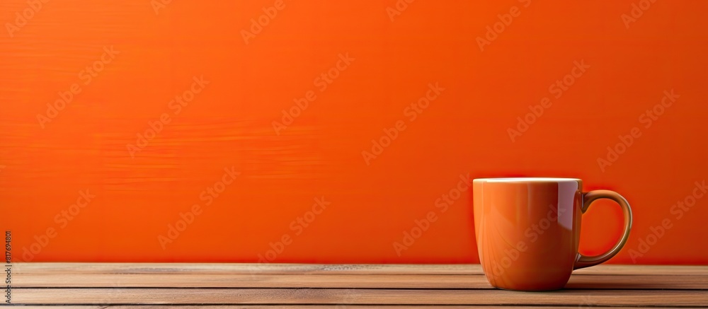 Poster an image of a coffee cup in an orange color with a copy space on a wooden table