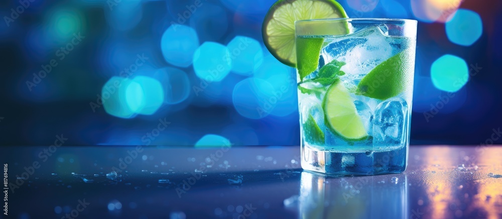 Aufkleber The cocktail a mojito is displayed on a background with a blurred blue bokeh effect providing space for additional images