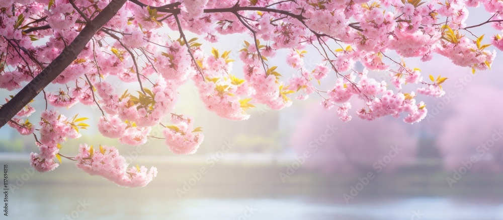 Poster a cherry blossom tree is blooming in the sunny spring creating a picturesque background the image of