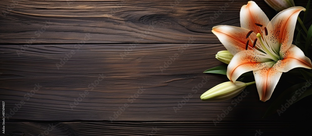 Poster a lily is set against a rustic wooden backdrop providing a captivating copy space image