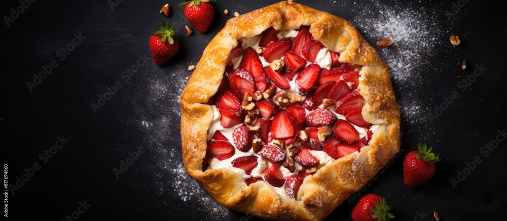Aufkleber copy space image of a homemade galette featuring fresh strawberries and a delicious nut cream displa