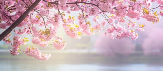 A cherry blossom tree is blooming in the sunny spring creating a picturesque background The image offers copy space