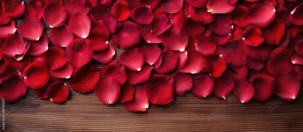 Poster A top down view of red rose petals on a wooden surface creating a visually appealing image with space for additional content