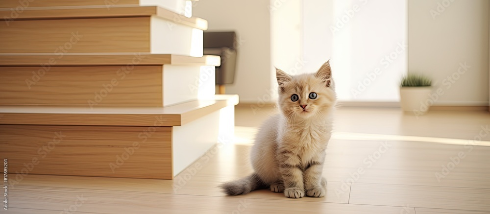 Poster indoor staircase with a cute kitten perfect as a copy space image