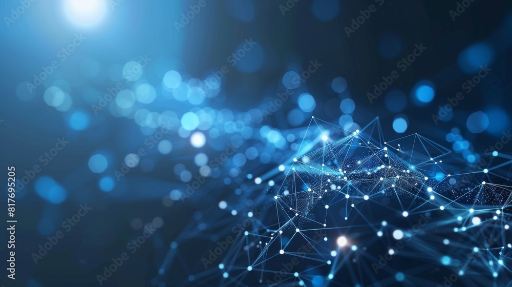 Poster an abstract digital illustration of a network with blue nodes and connecting lines against a dark ba