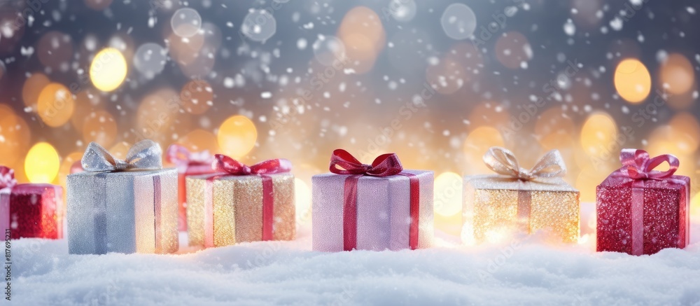 Poster A copy space image of white gift boxes adorned with a red bow placed in the snow with shimmering party lights in the background