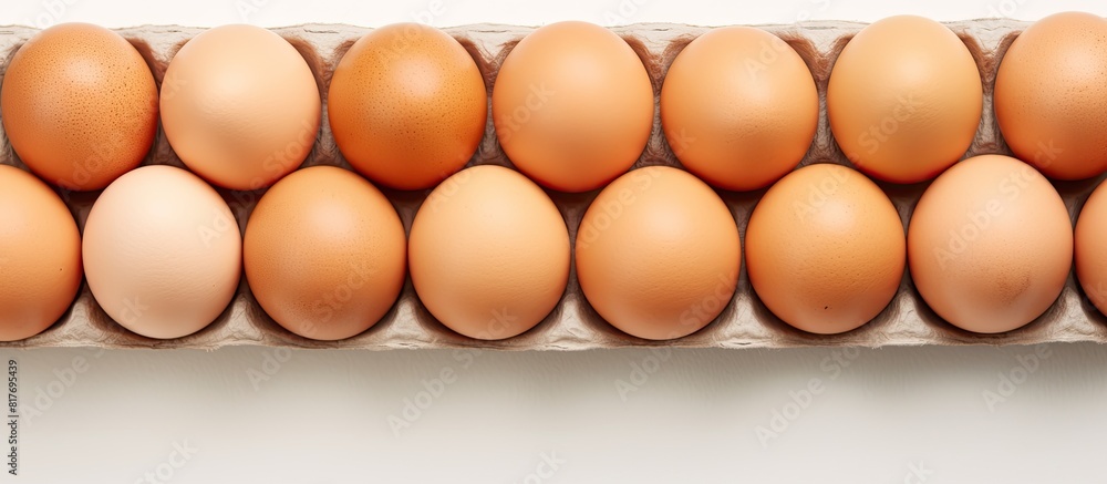 Poster close up of brown chicken eggs in an egg carton on a light background providing copy space for text 